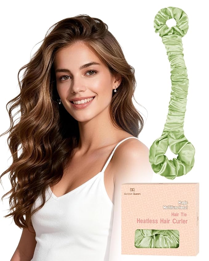 BONNET QUEEN Satin Heatless Hair Curler, Overnight Curls for Long Hair, ultra soft Heatless Curling Rod & 2 Scrunchies,Damage-Free Styling, Soft Hair Curlers for Overnight Use(Sage)