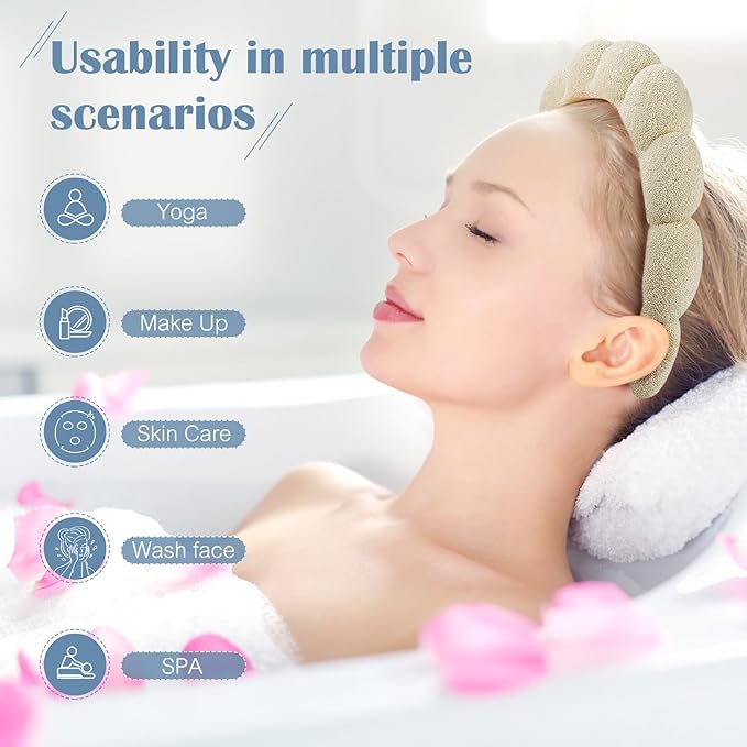 Spa Terry Cloth Headband Combo Pack - 2 Puffy Makeup Facial Headbands for Face Washing and Masks (Beige + Blue)