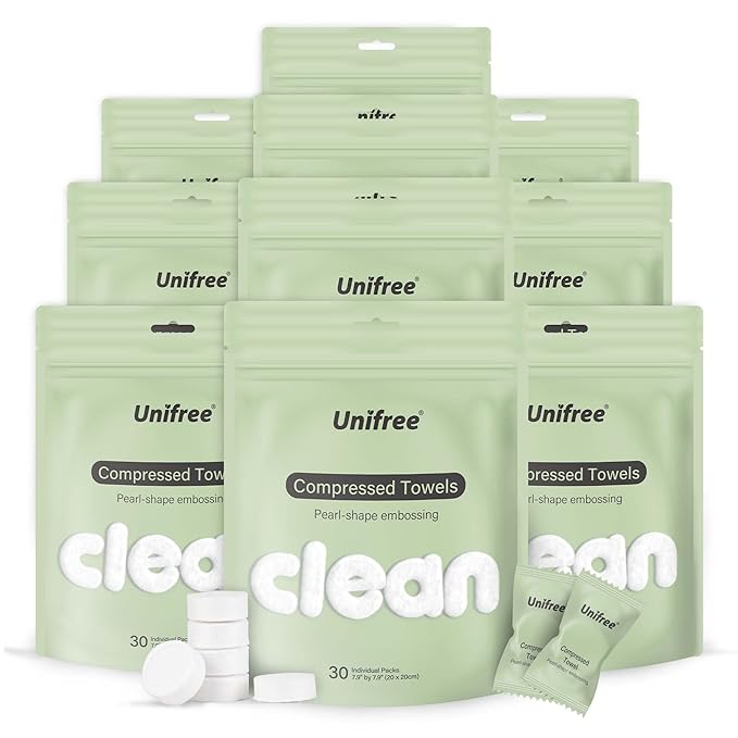 Unifree Compressed Towels I Towelettes I Dry Wipes I Makeup Remover I Facial Tissues I On-the-go Convenient Individual Pack (300 count)