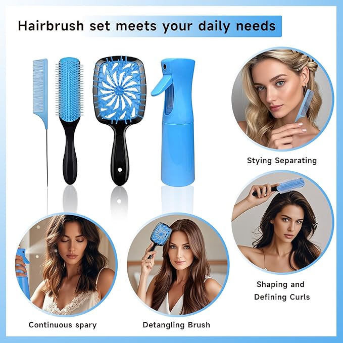11 Pcs Hair Brush Set, Detangle Hair Brush And Spray Bottle, 3 Pieces Smooth Hairbrush For Toddlers, Suitable For Wet and Dry Hairstyles, Suitable For Adults And Children.(Blue)