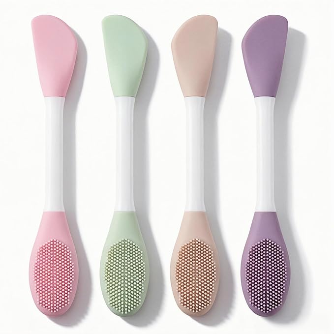 2 in1 Silicone Face Mask Brush & Facial Cleansing Brush, 4 Pack Double-Sided Face Scrubber Applicator for Clay Mud Mask, Cream, Lotion, Exfoliating & Massage, Soft Spa Skincare Tool for All Skin Types