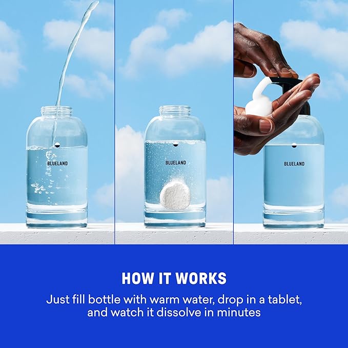 BLUELAND Hand Soap Starter Set, 1 Refillable Glass Foaming Hand Soap Dispenser with 4 Refill Tablets, Variety Scents, 4 x 9 Fl oz