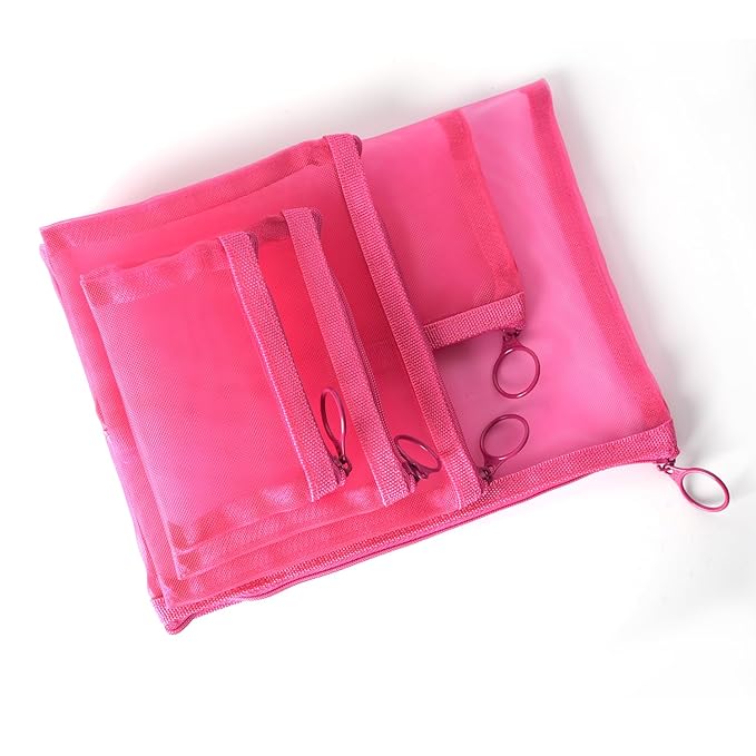 patu Zipper Mesh Bags, Pack of 5 (XS/S/M/L & Long Pouch), Beauty Makeup Cosmetic Accessories Organizer, Travel Toiletry Kit Set Storage Case, Pink