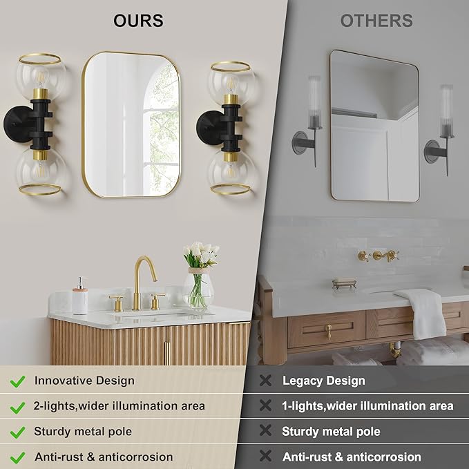 Modern Bathroom Light Fixtures,2-Light Vanity Lights Set of 2, Hardwired Sconces Wall Decor Set of 2, Modern Bathroom Wall sconces for Vanity Mirror Living Room Hallway