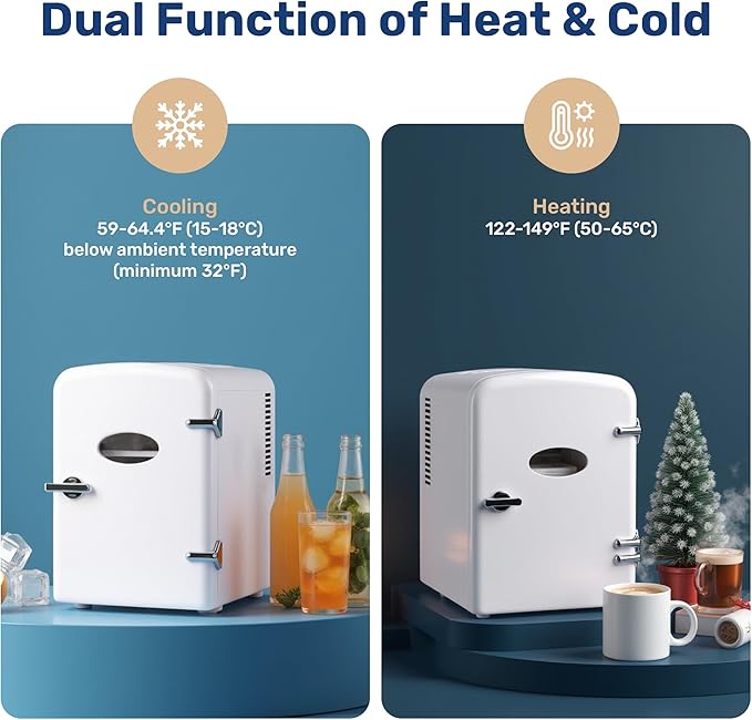 HealSmart Mini Fridge Portable 6 Liter/9 Can with Observation Window, Cooler&Warmer Small Desk Compact Refrigerator for Skin Care, Cosmetics, Beverage, Food in Bedroom, Car, Office, Dorm, White
