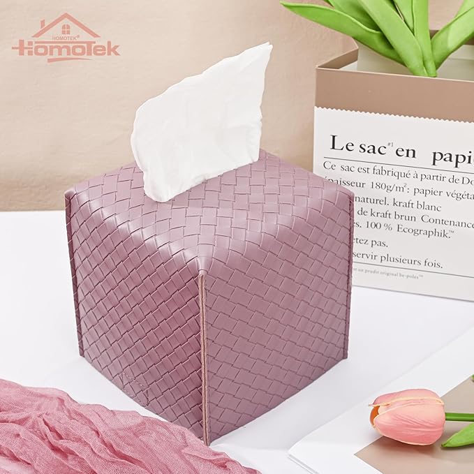 HOMOTEK 2 Pack Tissue Box Cover, Square PU Leather Tissue Holder, Decorative Facial Tissue Cube Paper Organizer Dispenser for Bathroom, Night Stands, Desk, Car 5X5X5'' - Woven Waffle,Plum Red