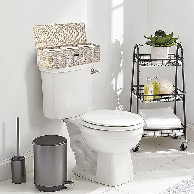 Sumnacon Extended Seagrass Storage Basket with Lid 3-Section Wicker Storage Basket,Small Woven Shelf Basket for Toiletries Tampon Storage,Seagrass Basket for Shelf Bathroom Toilet Counter,Whitewash