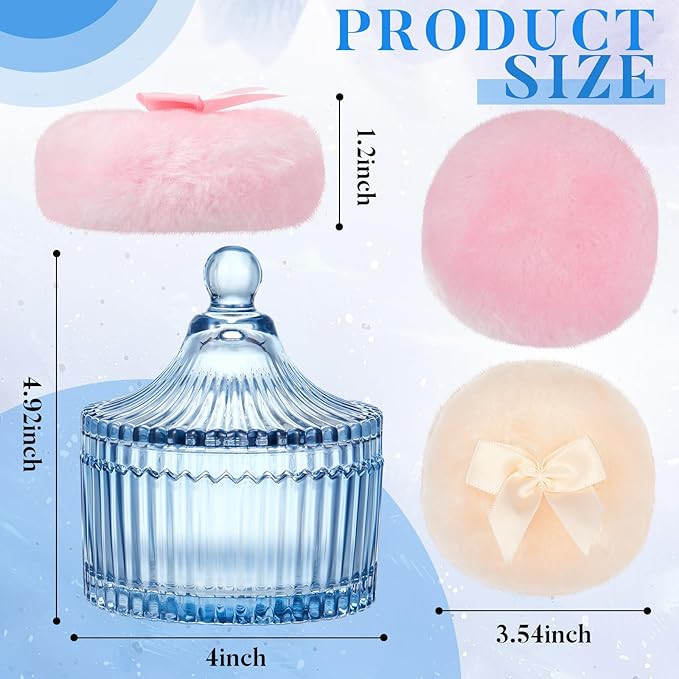 Tioncy 3 Pcs Large Body Powder Puff and Container Valentine's Day gift Powder Container with Puff Crystal Case Soft Washable Reusable Velour Face Body Glitter Wet Dry Makeup(Classic,Blue)