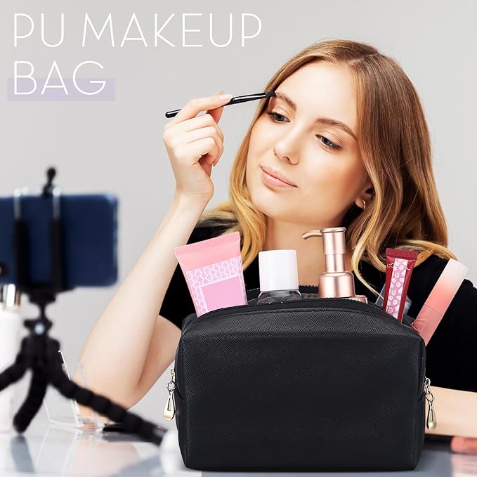 Kigeli 15 Pcs Aesthetic Makeup Bags PU Leather Cosmetic Pouches Waterproof Plain Toiletry Bags Makeup Pouches Bulk for Women Party Gift Travel Storage Organizer(Black)