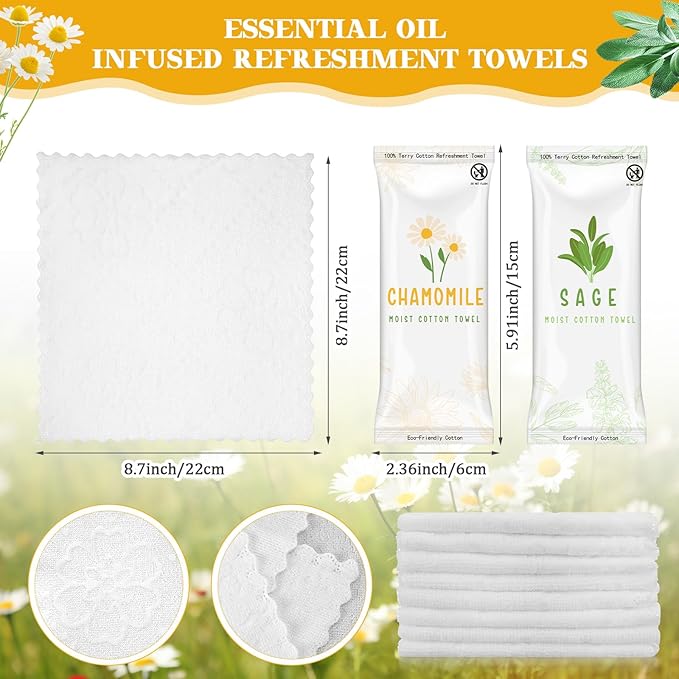 Timgle 50 Pcs Moist Towelettes Individually Wrapped Scented Disposable Face Towels Essential Oil Infused Moist Terry Cotton Towel for Use Hot or Cold Travel Body Spa(Sage, Chamomile)