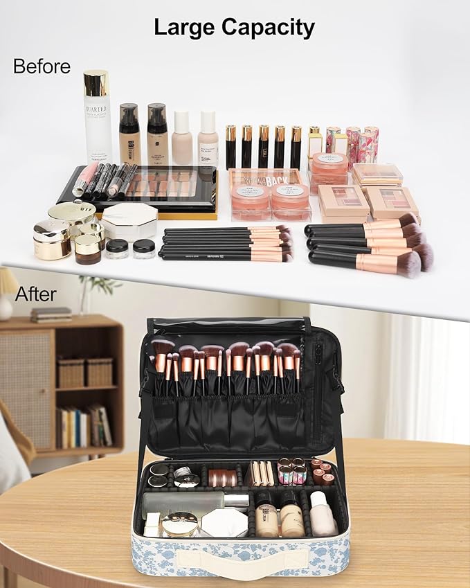 Relavel Large Makeup Bag, Cute Cosmetic Bags for Women and Girls Travel Makeup Organizer Bag Train Case 13.8 inches Makeup Brush Holder and Storage with Adjustable Dividers, Floral Print