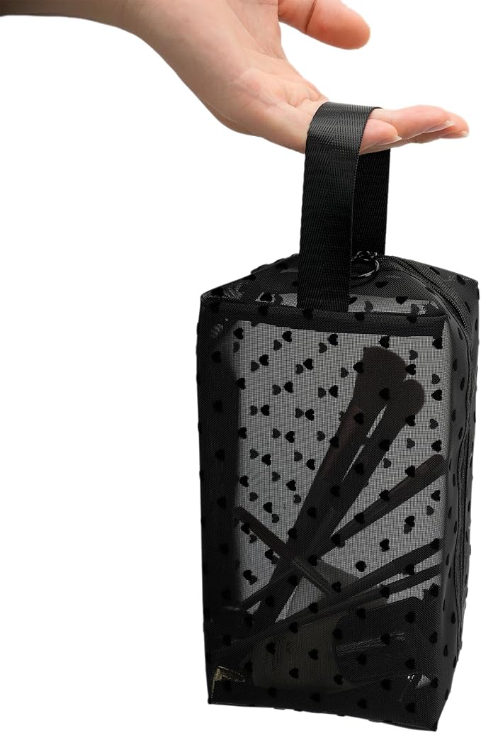 Portable Mesh Makeup Bag with Zipper Small Travel Toiletry Bag Lightweight Cosmetic Pouch (Black&Black Heart with Handle)