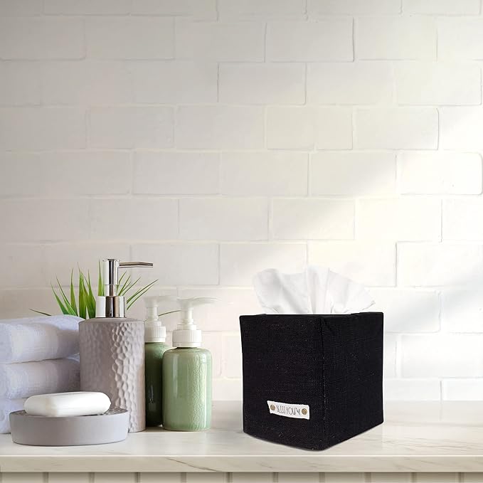 Stylish Tissue Box Cover - This Black Linen Holder Instantly Covers Your Square Tissue Boxes - The Perfect Cube Cover for Your Bathroom and Home
