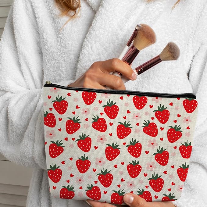 Cut Red Strawberry Makeup Bag Portable Cosmetic Bag Zipper Pouch Toiletry Bag for Purse, Strawberry Stuff Gifts for Women Girls