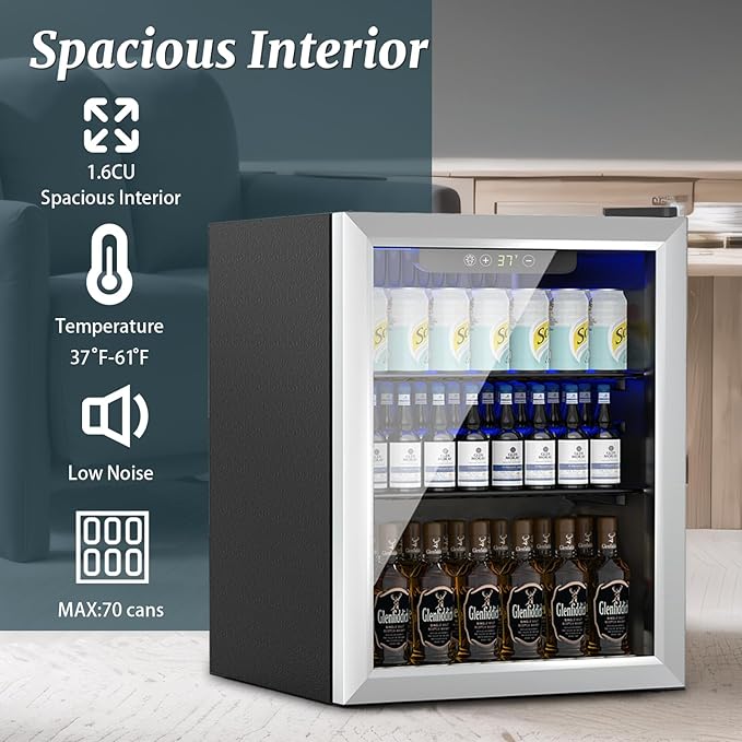 Stopasd Beverage Refrigerator Cooler, 1.6 Cu.Ft/70 Can Drink Fridge with Adjustable Shelves for Soda Wine Beer, Quiet Undercounter Small Fridge for Home/Office/Bar/Garage(37-61 ℉), Sliver