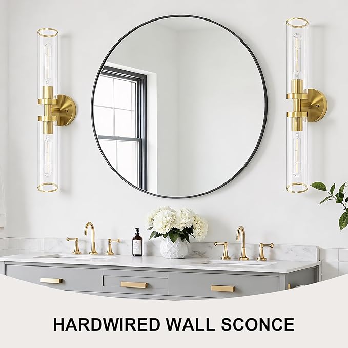 Gold Wall Sconces, Bathroom Sconces Vanity Light Fixtures with Clear Glass, Set of 2, Brushed Gold Sconces Wall Decor, for Living Room/Bathroom Corridor Mirror/Bedroom Hallway Stairwell