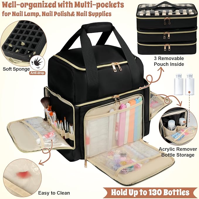 Nail Polish Organizer Backpack Hold 130 Bottles& Nail Lamp, Extra Large Nail Kit Bag with 3 Separate Sponge Pouches for Gel Polish, Travel Carrying Case for Nail Art Supplies, Nail Tool& Stuff