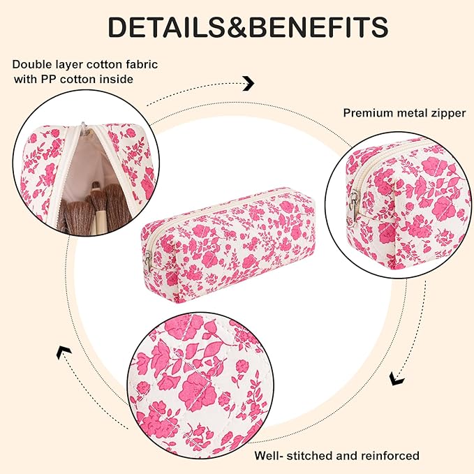 Cute Floral Makeup Brush Bag Small Cotton Quilted Cosmetic Bag for Women Travel Toiletry Zipper Make Up Pouch (Rose Red Floral)