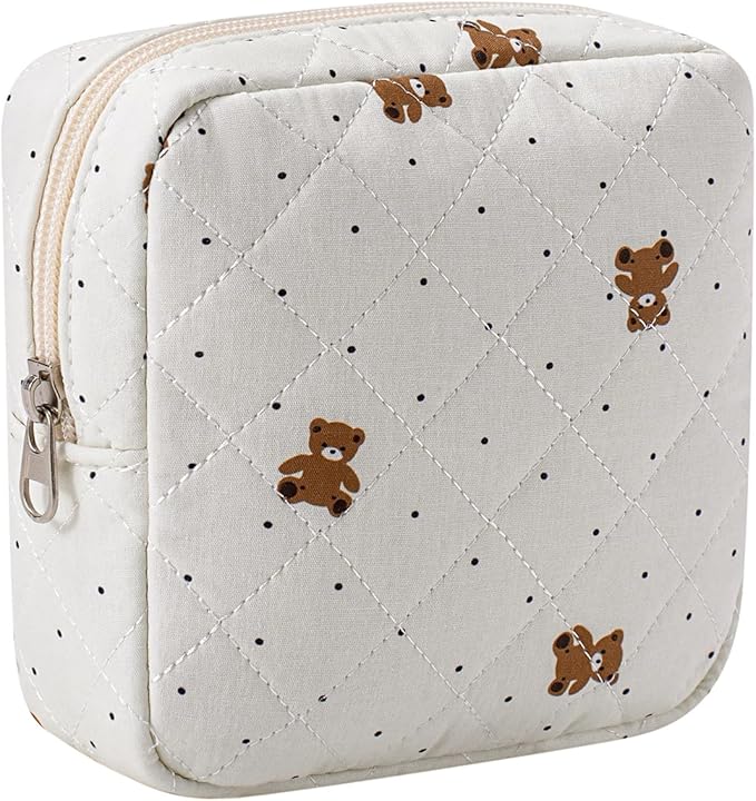Small Quilted Cosmetic Pouch for Purse, Mini Cotton Makeup Bag with Compartments, Cute Zipper Lipstick Holder for Women (15Dot Bear)