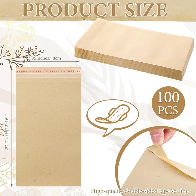 100 Pcs Tampons Disposal Bags Sanitary Napkin Disposal Bags Bulk Feminine Hygiene Disposal Bag Bulk Kraft Tampons Bag for Feminine Products with Self Adhesive for Women Girls, 5.91" x 3.15"