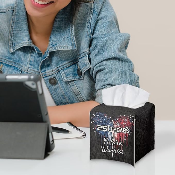 250 Years Liberty Tissue Box Holder Square PU Leather Tissue Organizer Case with Metal Button Waterproof Napkin Holder for Home Office Car Automotive Decor