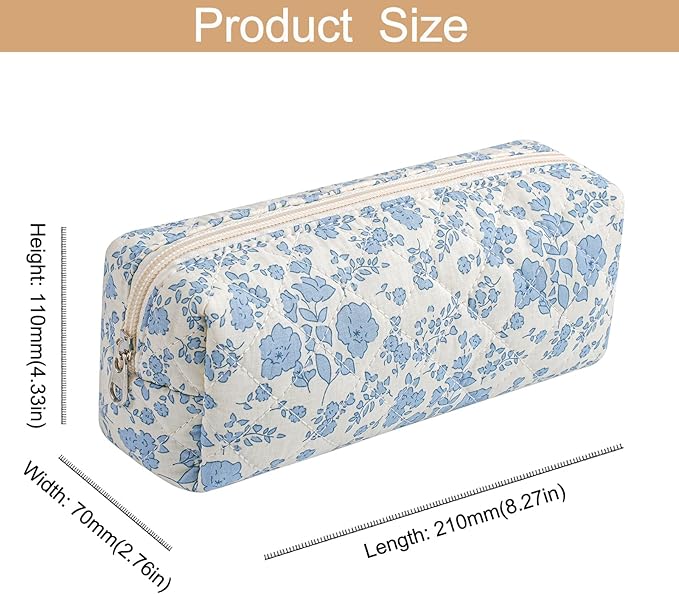 Cute Floral Cotton Makeup Brush Cosmetic Bag for Women, Travel Quilted Zipper Make Up Bag, Flowers Toiletry Organizer Case Kawaii Makeup Cosmetic Travel Cloth Pouch (Blue+Big Purple Floral)
