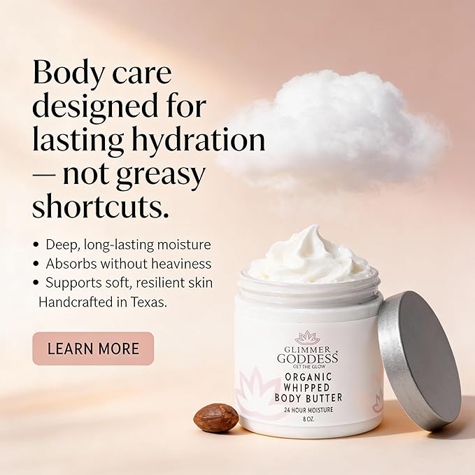 GLIMMER GODDESS Organic Whipped Body Butter for Women - Moisturizer Cream with Shea & Cocoa Butter, Almonds & Coconut Oil - Coconut, 8oz