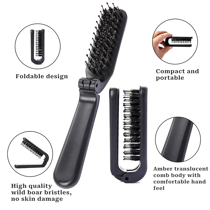 Travel Folding Hair Comb, Portable Boar Bristles Detangling Brush Collapsable Pocket Hair Styling Tool for Women and Men