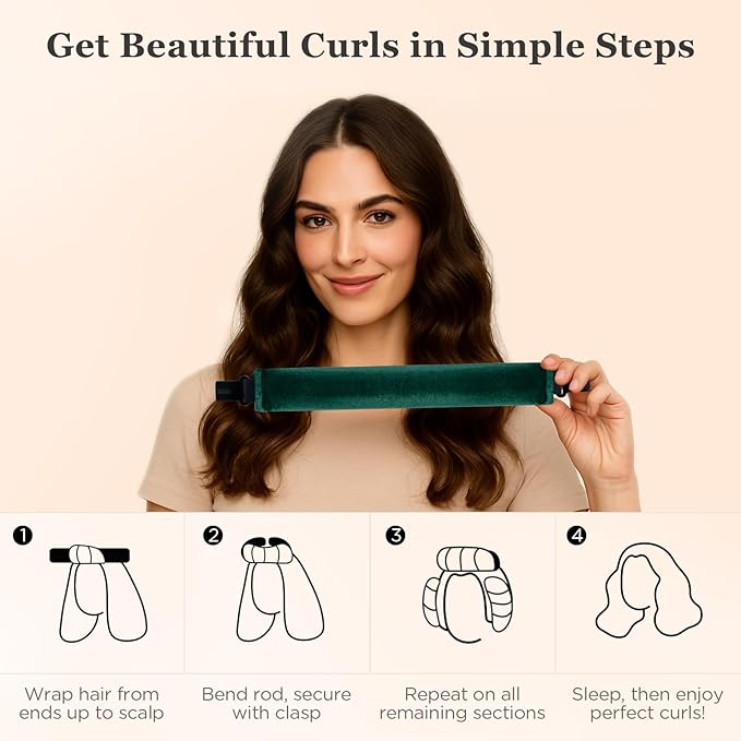 Heatless Hair Curler Set – 4PCS Velvet Overnight Blowout Rods for Heatless Curls, Jumbo Flexible Curling Rods to Sleep In, No Heat Curling Tools for Natural Waves and Curls Green