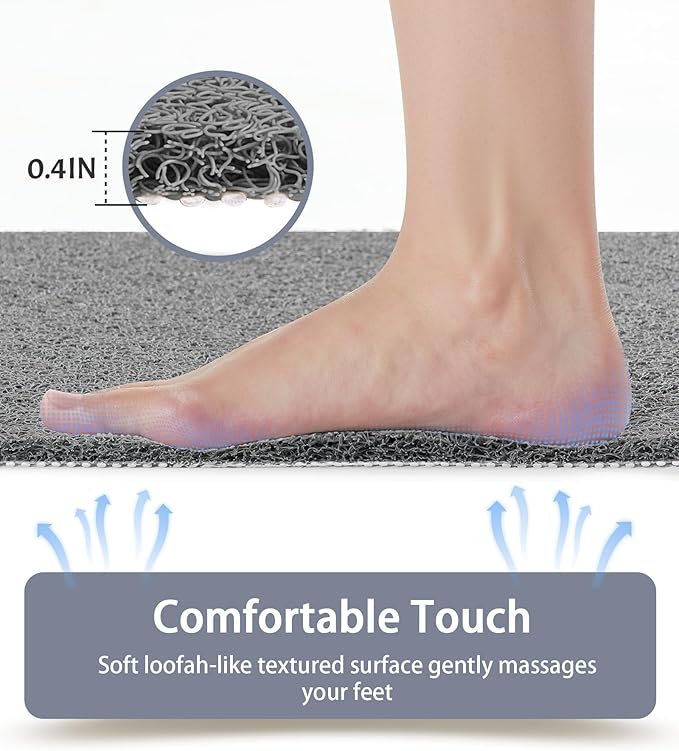 Mecko Non-Slip Shower Mat, Anti-Slip Bath Mat with Foot Scrubber – Quick-Drying Loofah Texture for Indoor and Outdoor Use, Bathtubs and Wet Areas (Grey, 17"x47")