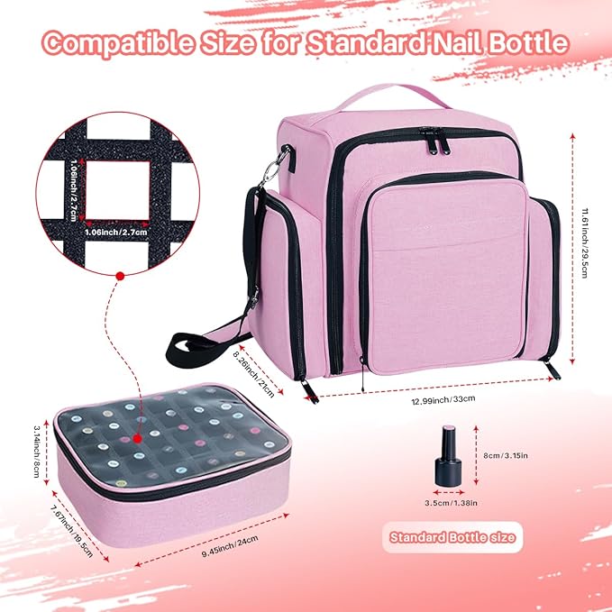 Nail Polish Organizer Storage Box, Holds 90 Bottles of Nail Polish, Portable Travel Case with 3 Separate Storage Bags, Can Be Used for Nail Art Supplies, Manicurists, etc Pink