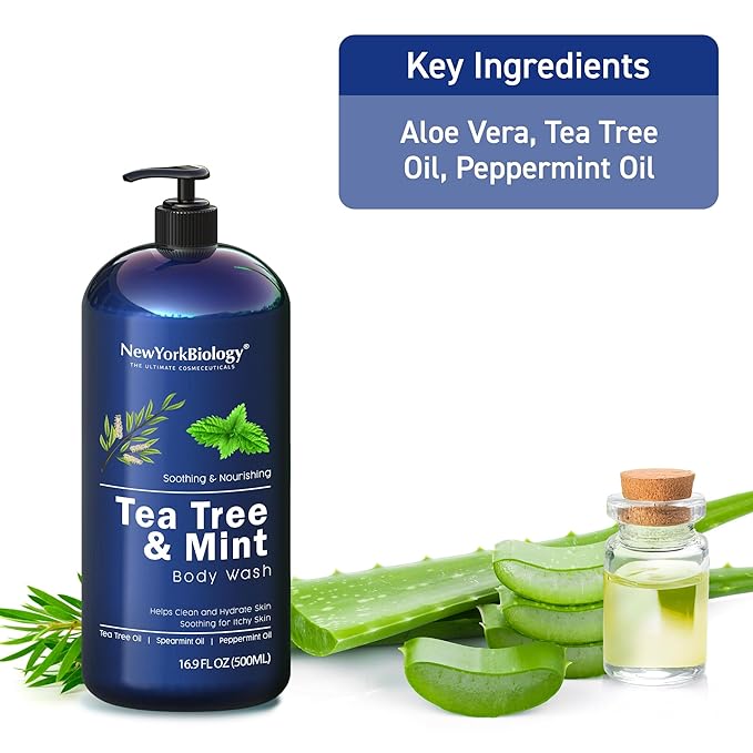 New York Biology Tea Tree Mint Body Wash for Men and Women - Moisturizing Body Wash Helps Soothe the Skin - Refreshing and Hydrating Cleanser for Body and Feet - 16.9 Fl Oz (Pack of 2)