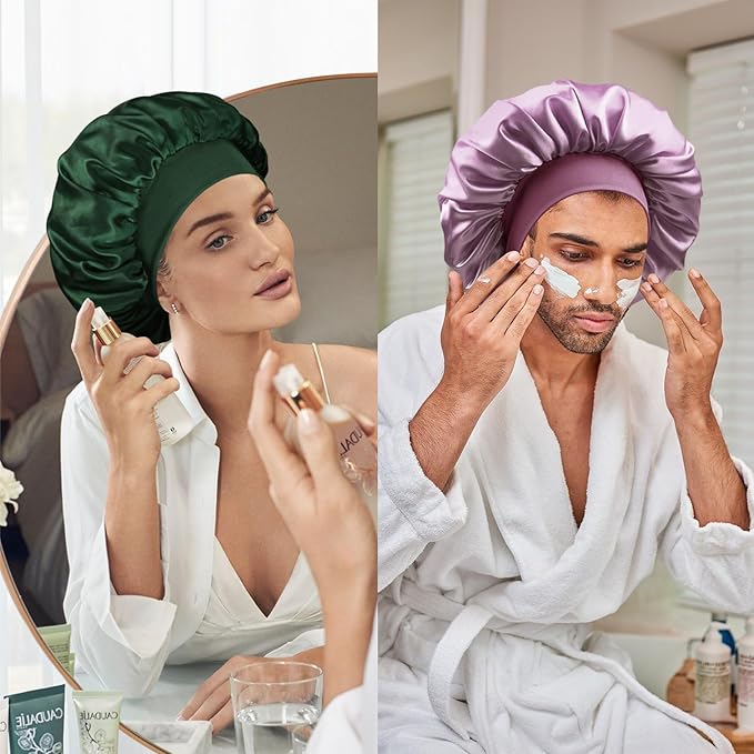 Satin Silk Bonnet for Sleeping, Double Layer Silk Sleep Cap for Men & Women, Soft Satin Lined Bonnet for Curly Hair