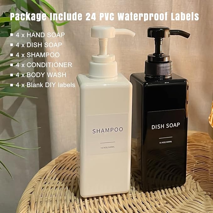 Soap Dispenser with Waterproof Labels, Thickened Plastic Hand Soap Dispenser for Bathroom, Kitchen Dish Washing Liquid Bottles, Shampoo and Conditioner Bottles with Funnel (16oz 4Pack Black Clear)
