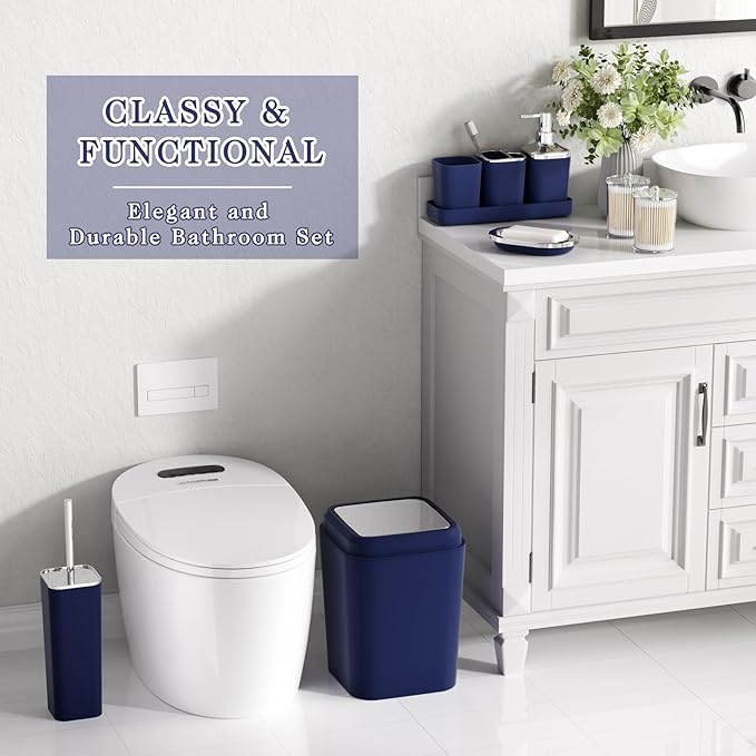 24PC Navy Blue Bathroom Set with Shower Curtain and Rugs, Blue Bathroom Sets Complete with Trash Can,Soap Dispenser,Soap Dish,Toilet Brush,Toothbrush Holder and Cup,Tray,Q-Tip Holders