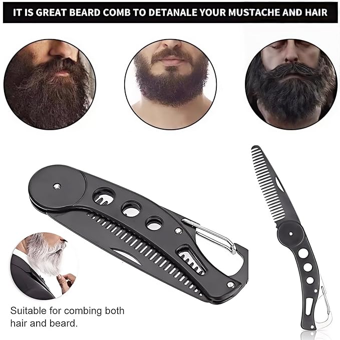 Stainless Steel Folding Beard Comb, Portable Mustache Comb, Beard Grooming Kit - Black