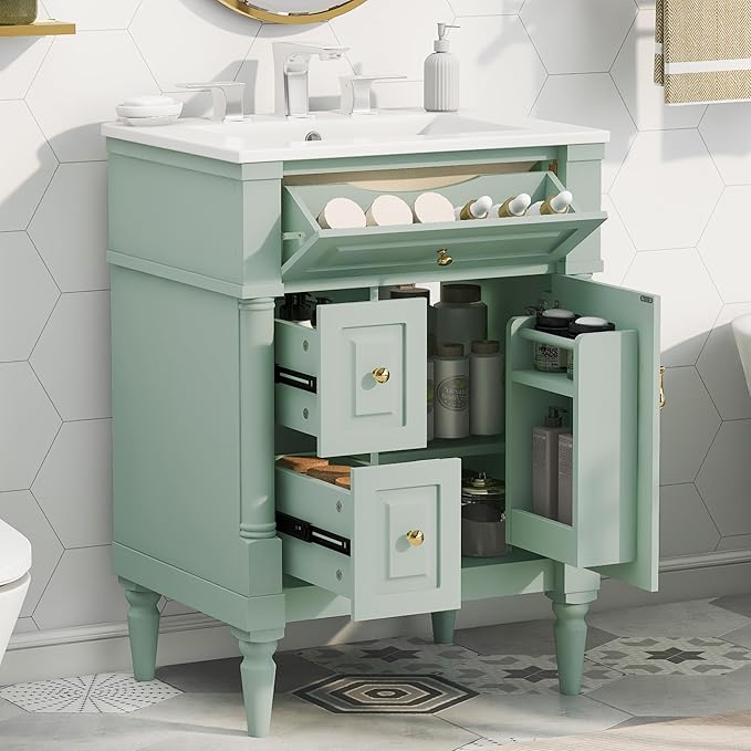 Harper & Bright Designs 24" Bathroom Vanity with Sink, Free Standing Bathroom Vanity Set with Flip Drawer, 2 Drawers, and Adjustable Shelf, Wood Storage Cabinet with Ceramic Basin for Bathroom, Green