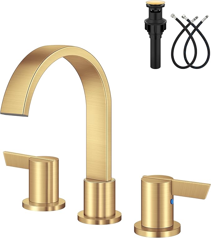 Aolemi Bathroom Faucets 3 Hole,8 Inch Widespread Waterfall Bathroom Sink Faucet,2 Handles Vanity Faucet with Pop-up Drain and Supply Hose,Gold