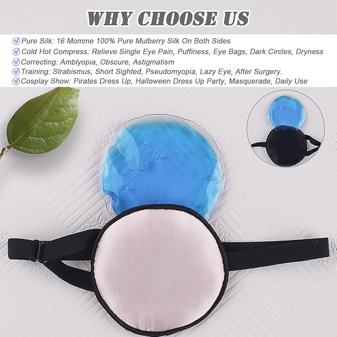 Cooling Eye Patches for Puffy Eyes, Pure Silk Ice Eye Patch, Single Eye Mask, Medical One Eye Cover Cold Hot Therapy Strabismus Lazy Eyes After Surgery Adult Kid Pirate Eyepatch (Pink)