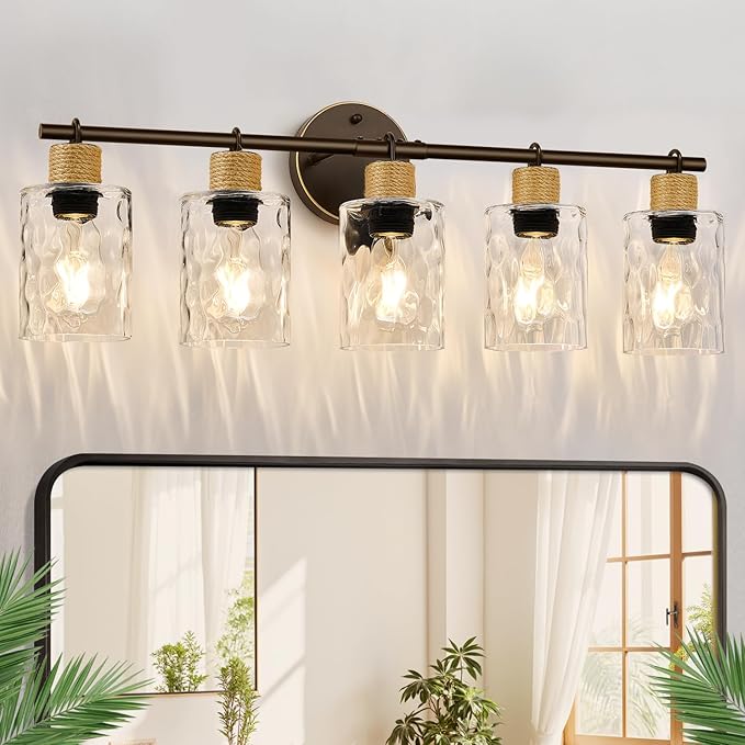 Bathroom Light Fixtures, 5-Light Coastal Vanity Lights with Crystal Glass Shade, Oil-Rubbed Bronze Bathroom Wall Lamp for Mirror Kitchen Hallway Cabinet