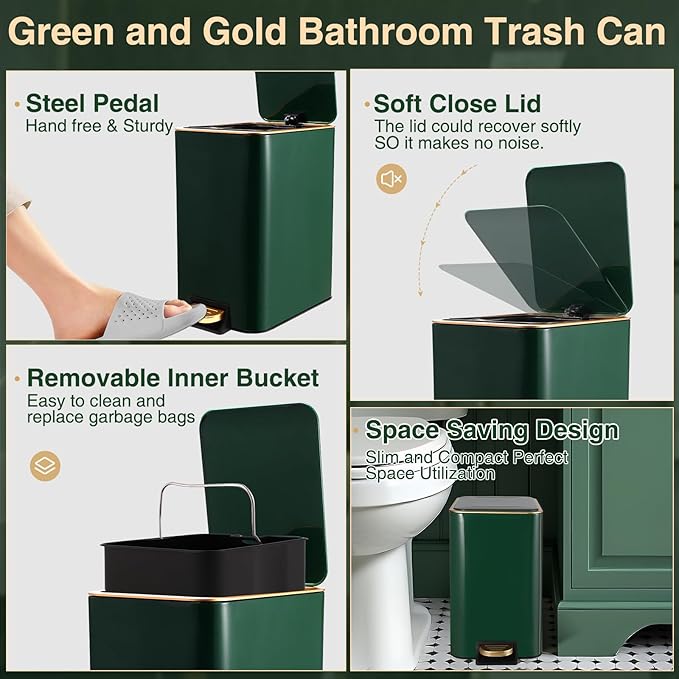 Bathroom Sets with Shower Curtain and Rugs Bathroom Accessories Set Hunter Green Bathroom Set,Soap Dispenser & Toilet Brush Holder Set with Stainless Steel Trash Can