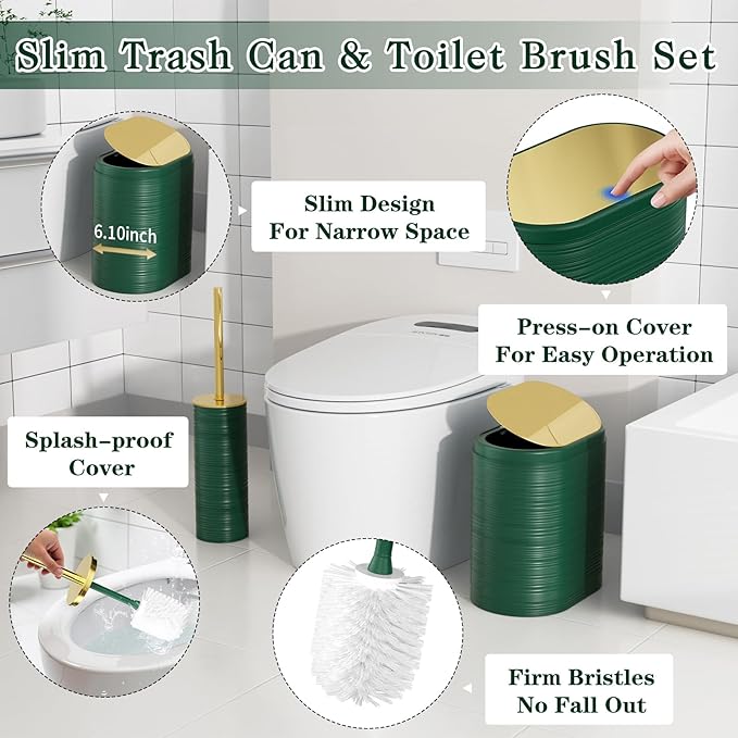 Bathroom Set, 10PC Bathroom Accessory Set, Green Bathroom Accessories, Green and Gold Bathroom Set with Trash Can, Soap Dispensers