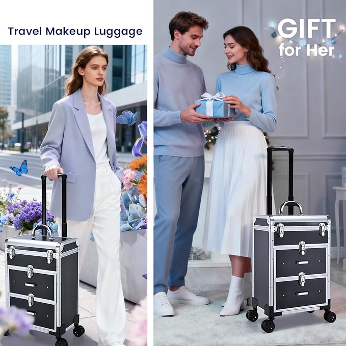 Adazzo Professional Rolling Makeup Train Case with Drawers, Large Cosmetic Trolley with Locks, Cosmetics Storage Organizer Make up Case for Travel Makeup/Nail Art/Hair Styling, Matte Black