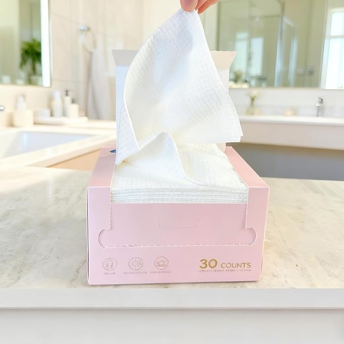 Vinda Clean Face Towels, Disposable, XL Facial Towels, 30 Count - Thick 100% Rayon Fabric Dry Wipes for Sensitive Skin & Makeup Removal