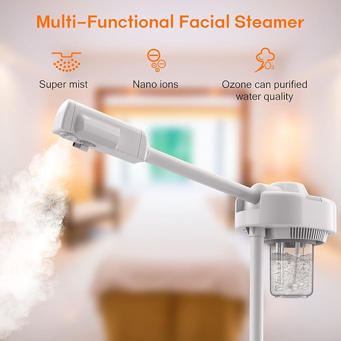 Kingsteam Professional Nano Ionic Facial Steamer on Wheels with Ozone Function, Standing Face Steamer for Deep Pore Care, Hydration, Home Spa & Salon Use