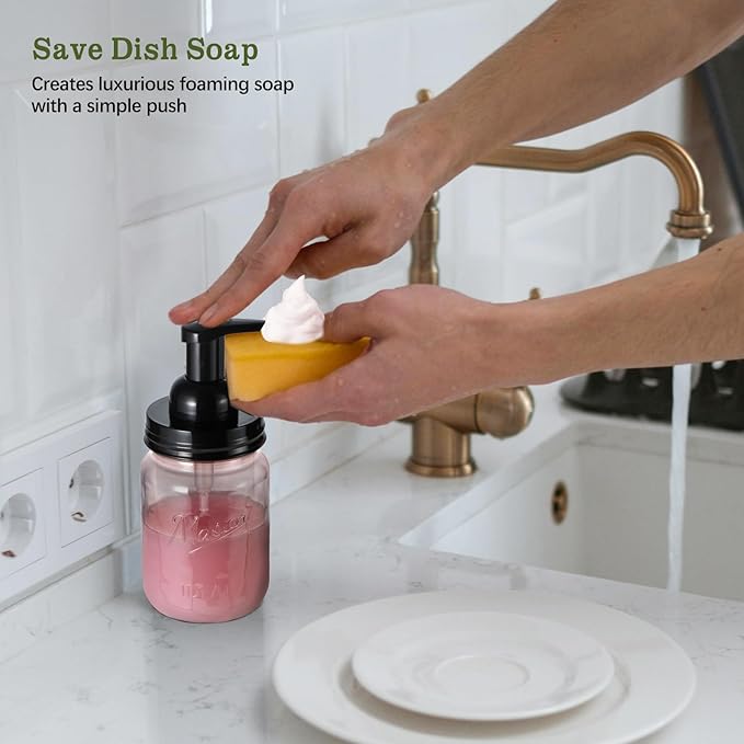 Amolliar Plastic Foaming Soap Dispenser with Pump Lid, 16Oz Refillable Foam Hand Soap Dispenser Set, Clear Dish Soap Bottles with Waterproof Lable for Farmhouse Kitchen Bathroom (4 Pack, Black)