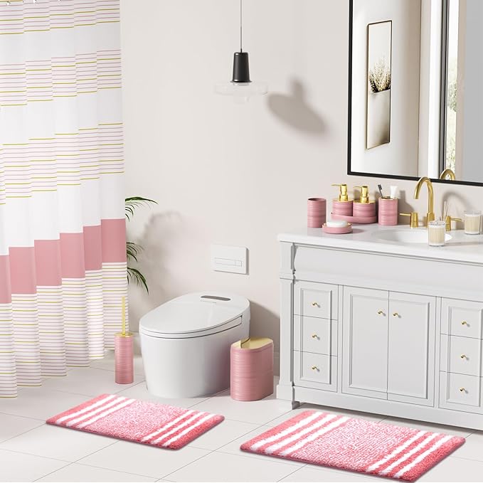 Bathroom Set - Bathroom Sets with Shower Curtain and Rugs, 25PC Bathroom Accessory Set, Pink Bathroom Accessories Set with Trash Can, Soap Dispensers