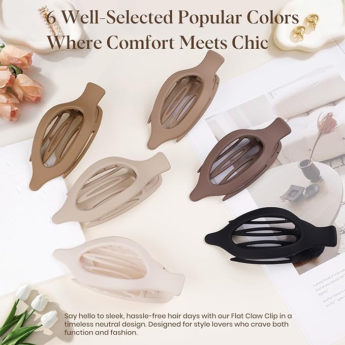 6 PCS Large Flat Hair Clips for Women Girls, French Concord Lay Down Flat Claw Clips for Thick Thin Hair, Comfortable Curved Flat Clip, Matte Non-slip Strong Hold Hair Accessories, Neutral