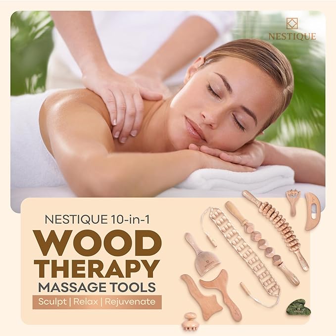 NESTIQUE 10 in 1 Wood Therapy Massage Tools for Body Shaping - Lymphatic Drainage Tools with Gua Sha Stone for Muscle Pain Relief – Maderoterapia Kit Professional for Body Sculpting
