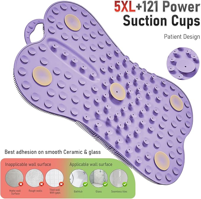 Back Scrubber Body Bath Cushion for Tub Bathtub with Back Lumbar Ergonomic Support, Silicone Extra Large Thick Soft Seat Pad Non-Slip Suction Cups, Relaxing Spa Exfloating Scrubber Mat Purple